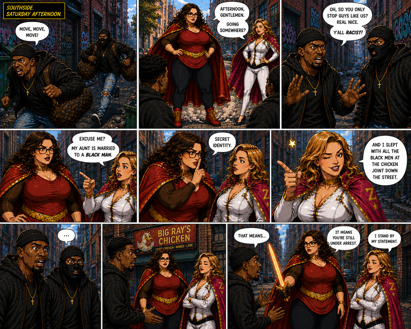 The Deceitress confronting suspects in an alley
