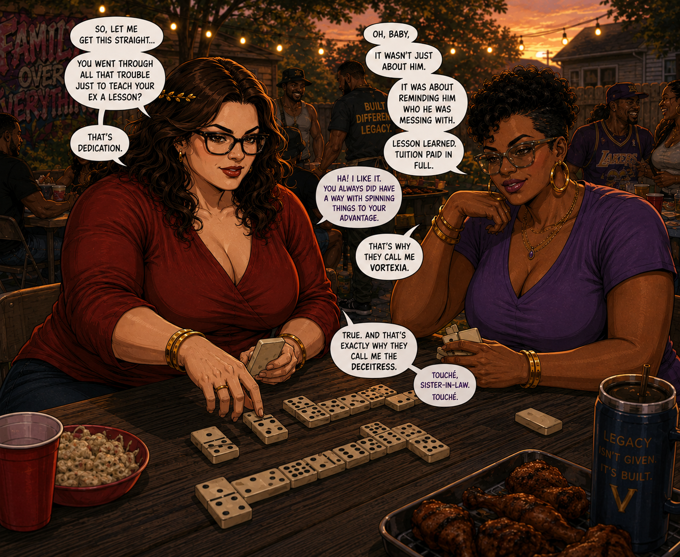 The Deceitress talking strategy over dominoes at sunset