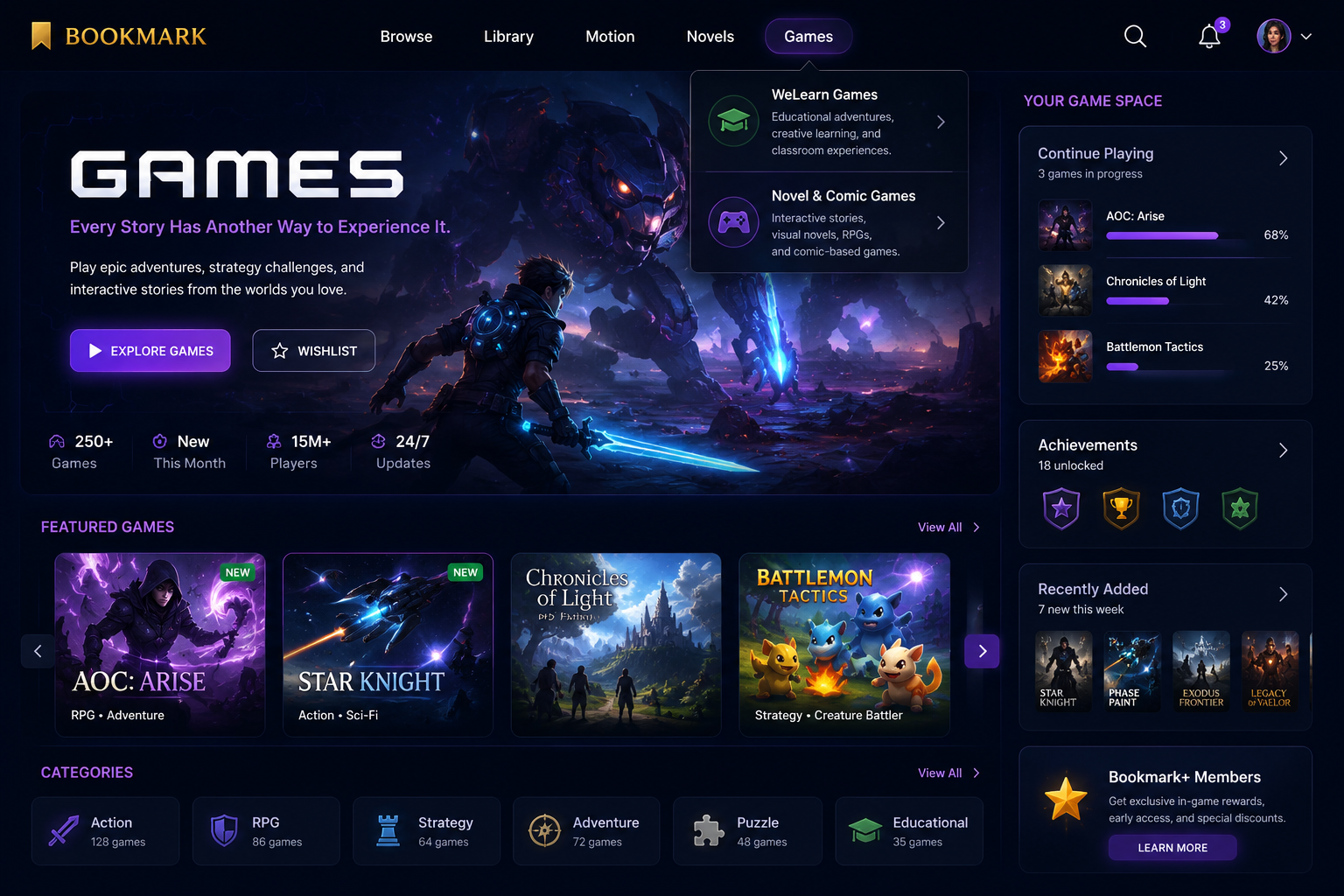 Bookmark Games page featuring highlighted games, categories, achievements, recently added titles, and Bookmark plus games.