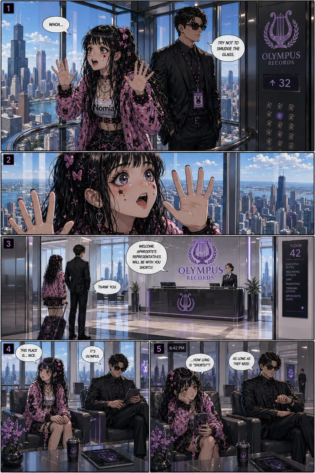 Comic page showing She'Bibi entering Olympus Records and waiting in the lounge