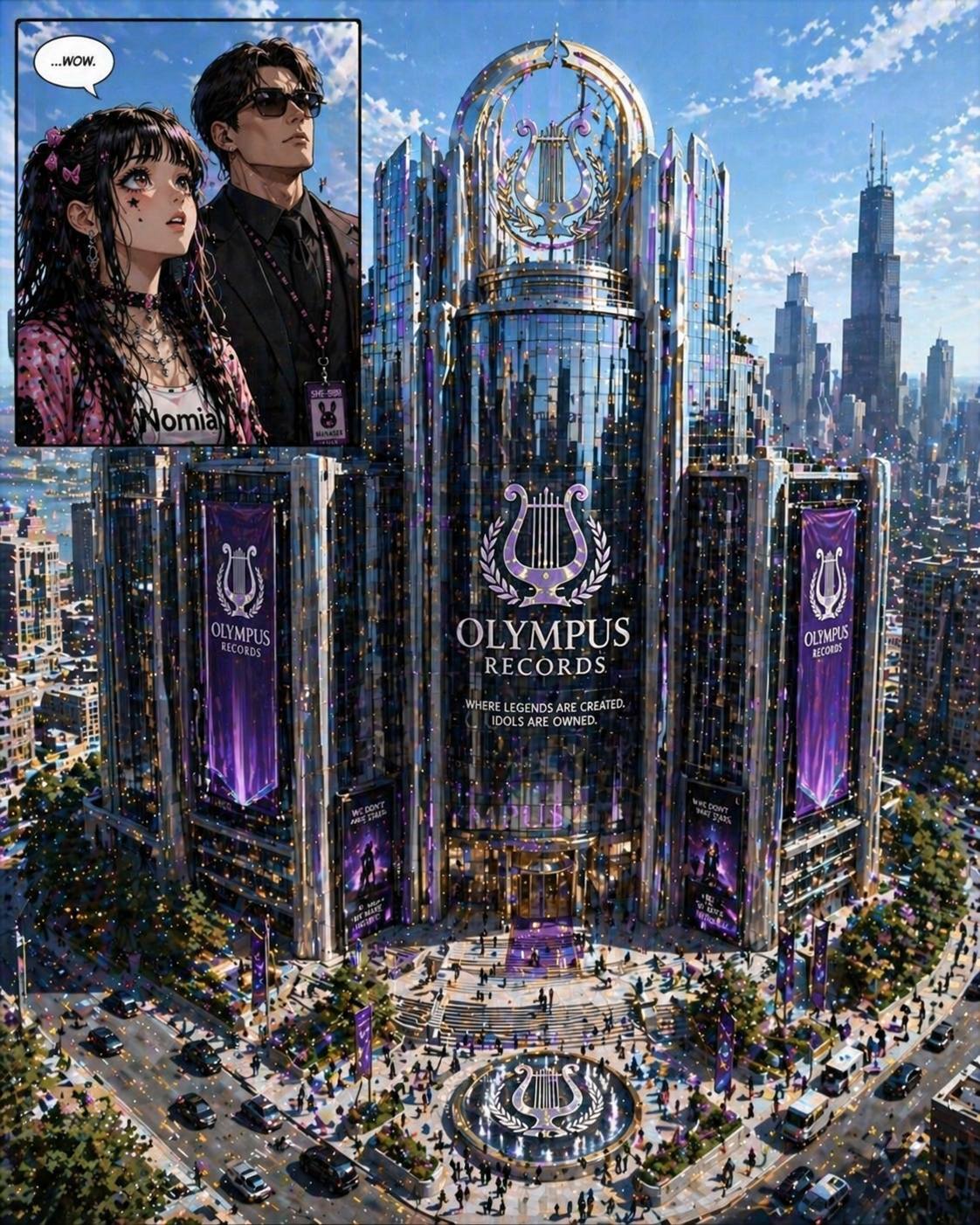 Olympus Records tower exterior with She'Bibi and escort inset panel